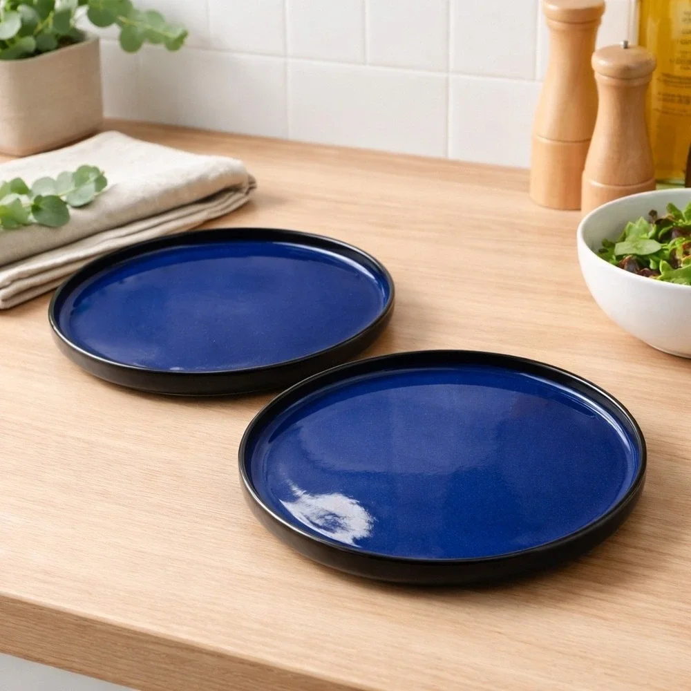 Bosmarlin Cobalt Blue‎ Stoneware Salad Plates Set of 2 Black Rim 8 Inch Ceramic